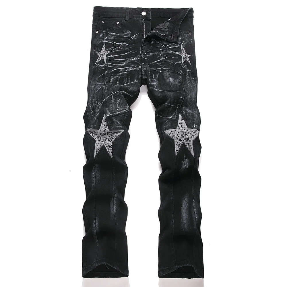 Men Crystal Stars Jeans Fashion Rhinestone Boot Cut Pants Punk Black Spliced Stretch Denim Flared Trousers 251219CJ