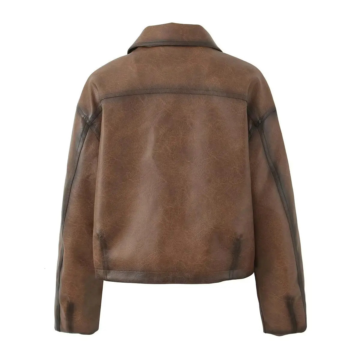 CRKJ PU Biker Jacket For Women Spring Autumn Womens Retro Short Lapel Leather Jacket Casual Solid Color Coats Womens Tops 251219