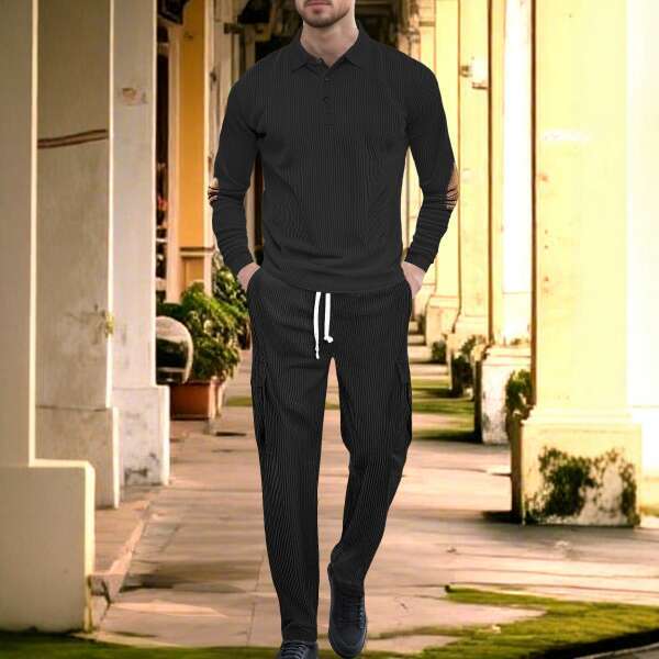 25 Hot Sales Foreign Trade Cross-Border European and American Casual Sports Turn-Down Collar Long Sleeve Two-Piece Set Men's Loose Solid Color Wo