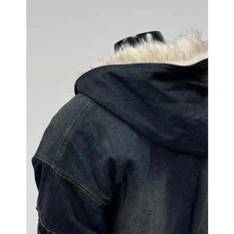 Mens Jacket Harajuku Hooded Denim Cotton Coat Washed Heavy Fleece Thick Fur Collar Vintage Warm Autumn Winter Streetwear Fashion 251218