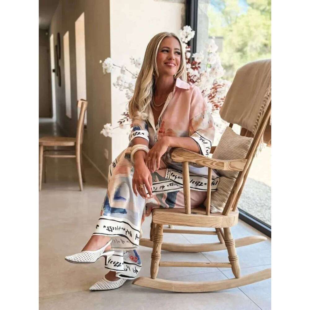 2 Pieces Set For Woman Summer New Elegant Printed Half Sleeves Shirt Tops Suits Fashionable Casual Loose Wide Leg Pants Sets