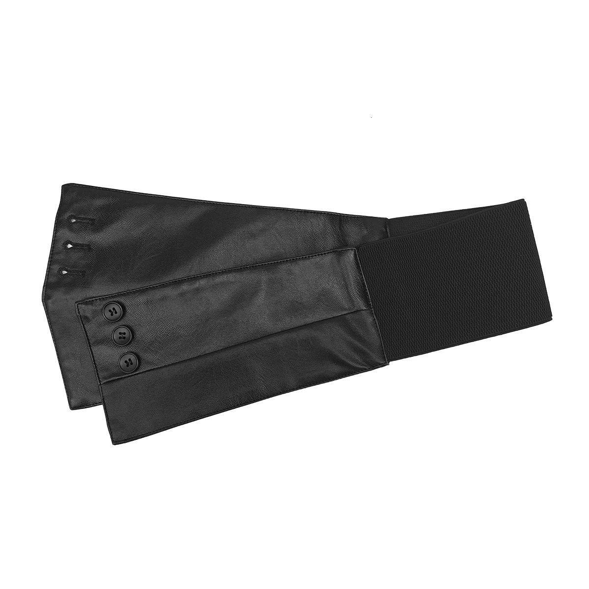 A black wide-belted womens fashion dress decorated with an irregular n of PU leather waistband and elastic corset 251217