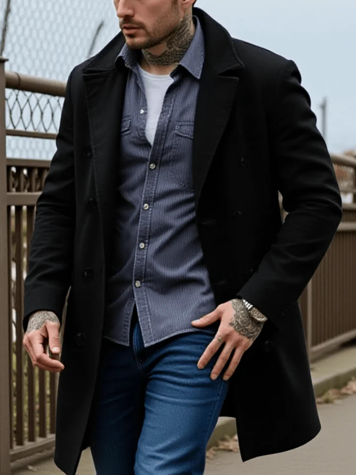 Mens Streetwear Wool Coat DoubleBreasted Retro Thickened Tweed with Warm Stand Collar Manswear 251219