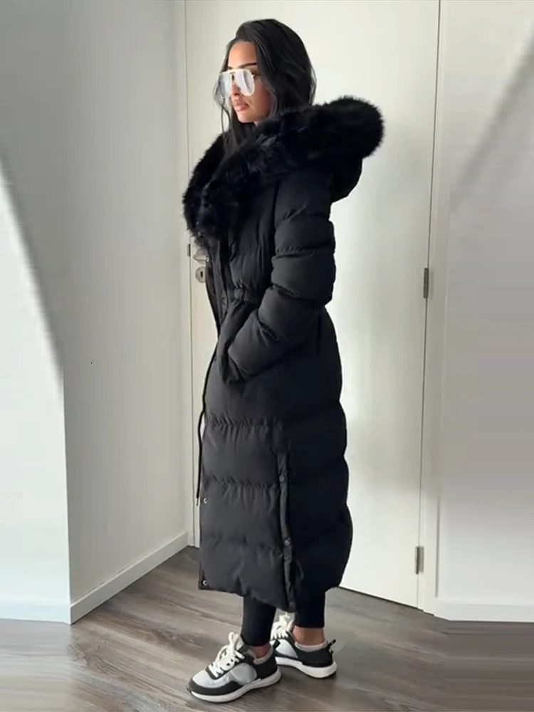 Womens Winter Long Down Jacket With Hood Drawstring Waist Fur Collar Zipper Quilted Padded Jackets 2025 Warm Parka Outwear 251212 - view 7