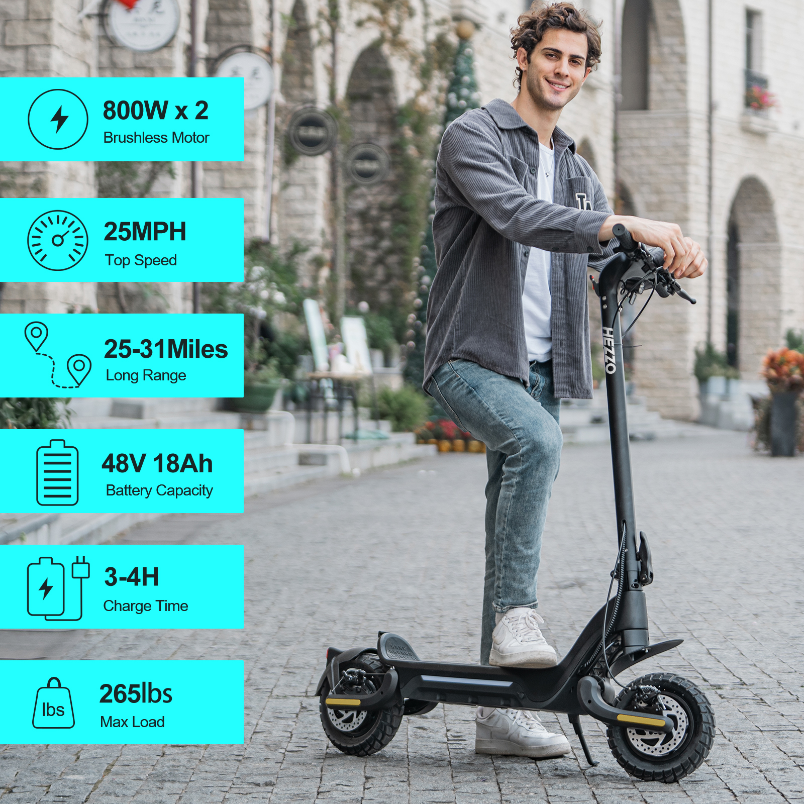 HEZZO F5 48V 1600W Dual Motors Scooter High Power Off-Road Electric Scooter with 10-Inch Off-Road Tires 18AH 30Miles Long Range Foldable Escooter