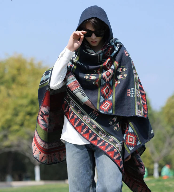 Man Poncho Cashmere Alpacastyle Ethnic Windbreaker Versatile Travel Warm Cloak Detachable for Holiday Fashion Cape P1 251216 - view 3