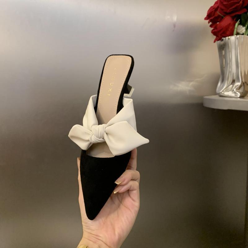 new designer shoes free shipping luxury Gentle shallow mouth low heel bow pointed bow cat heel sandals female