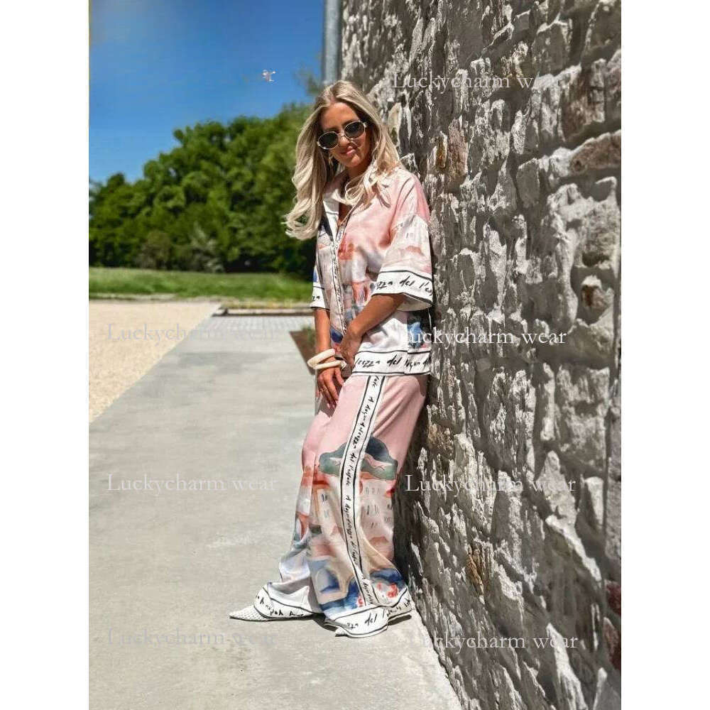 2 Pieces Set For Woman Summer New Elegant Printed Half Sleeves Shirt Tops Suits Fashionable Casual Loose Wide Leg Pants Sets