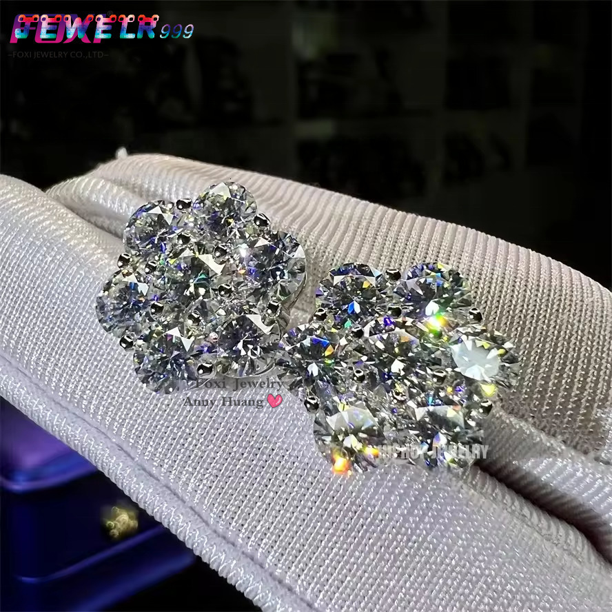 18K Gold Mossanite Studs Screw Back Solid 925 Silver 15mm 58ctw VVS1 Round Cut Cluster Flower Moissanite Diamond Stud Earrings