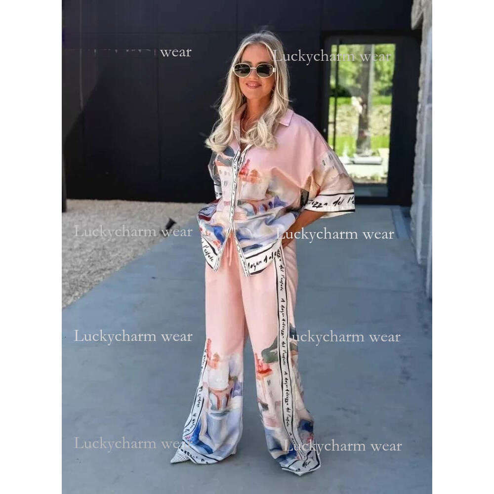2 Pieces Set For Woman Summer New Elegant Printed Half Sleeves Shirt Tops Suits Fashionable Casual Loose Wide Leg Pants Sets