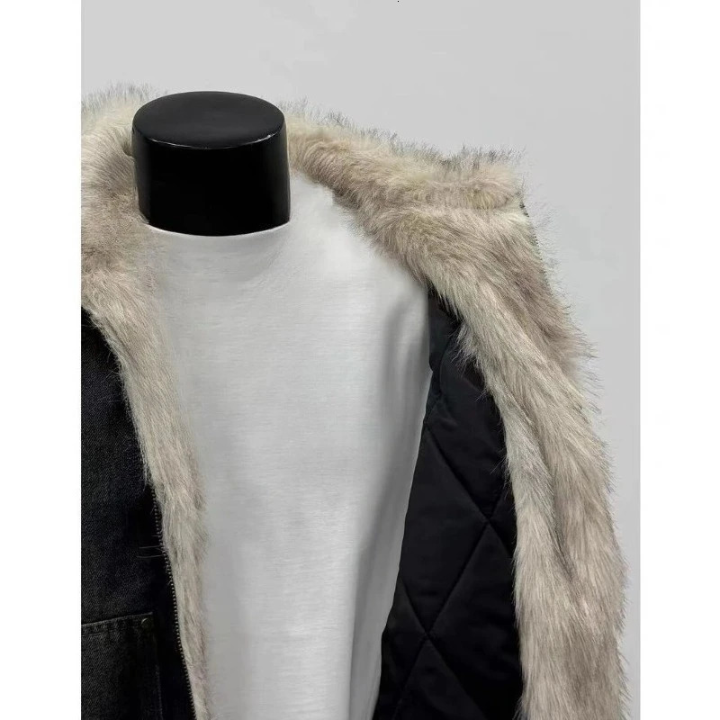 Mens Jacket Harajuku Hooded Denim Cotton Coat Washed Heavy Fleece Thick Fur Collar Vintage Warm Autumn Winter Streetwear Fashion 251218