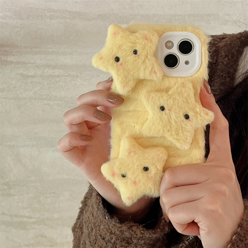 Autumn Winter Plush 3D Yellow Star Case Apple 15 Pro Max Cute 14/13 Shockproof 12 for Women