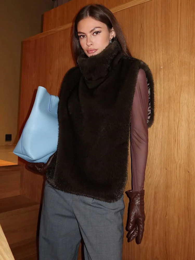 Y2K Faux Fur Turtleneck Tank Tops Women High Waist Sleeveless Solid Cropped Top Commute Female Sweaters Vest 251219