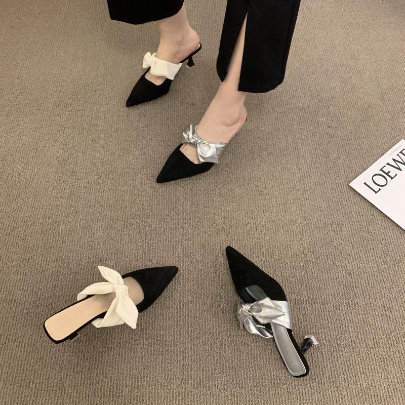 new designer shoes free shipping luxury Gentle shallow mouth low heel bow pointed bow cat heel sandals female