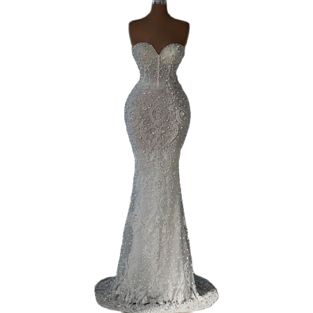 Elegant Prom Sleeveless Strapless Sweetheart Appliques Sequins Beaded Pearls Dresses Lace Floor Length Evening Dress Plus Size Custom Made D21 ZD19
