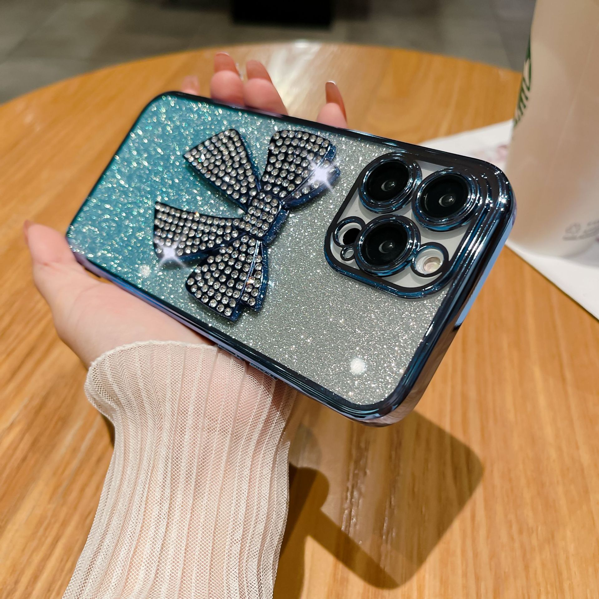Suitable for iPhone 16 Electroplated TPU Glitter Gradient Rhinestone Bowknot Phone Apple 15 Lens Film Soft Case