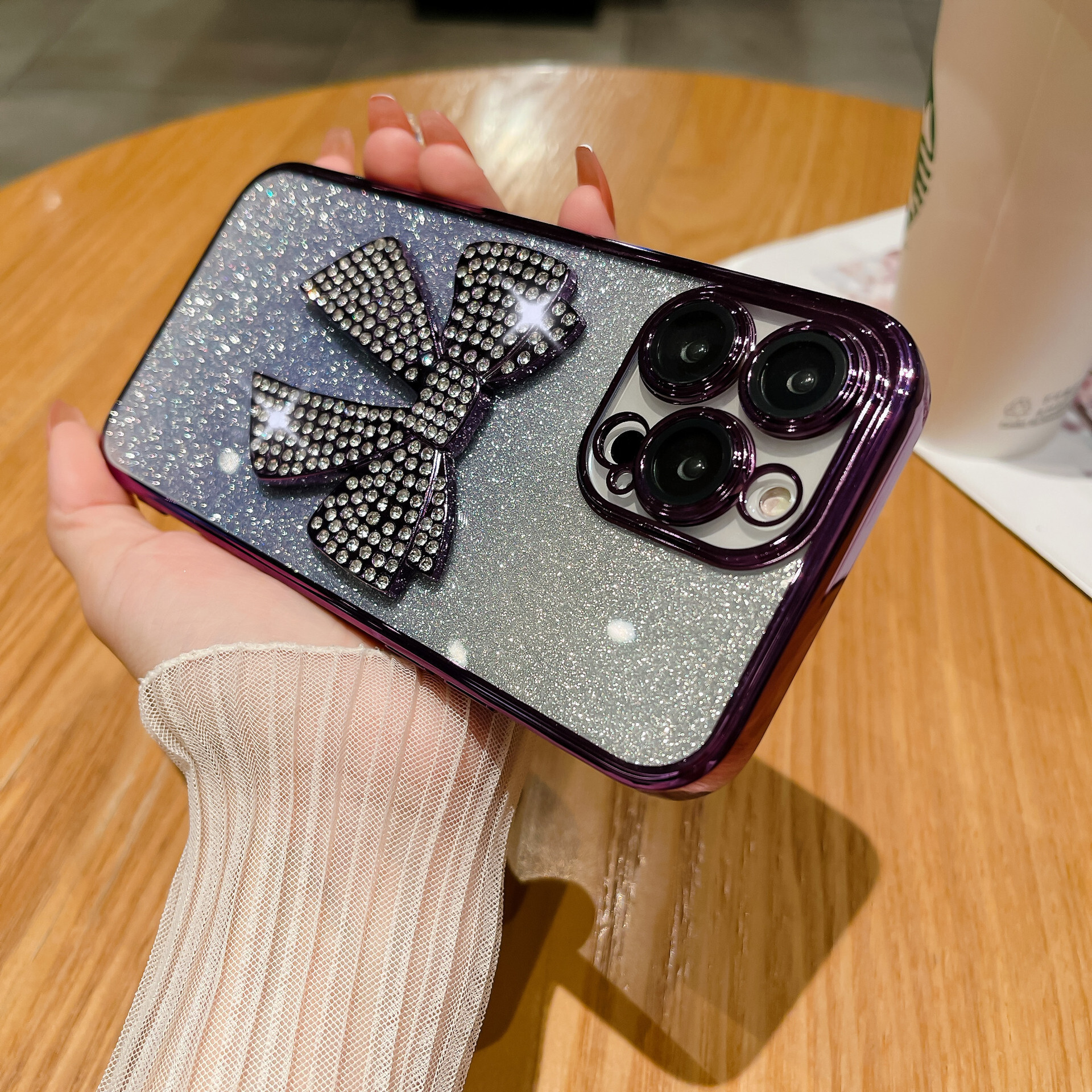 Suitable for iPhone 16 Electroplated TPU Glitter Gradient Rhinestone Bowknot Phone Apple 15 Lens Film Soft Case
