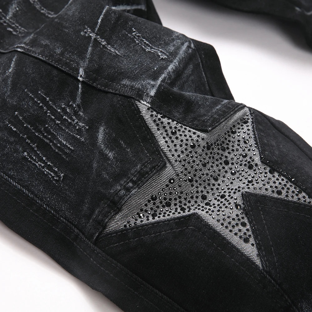 Men Crystal Stars Jeans Fashion Rhinestone Boot Cut Pants Punk Black Spliced Stretch Denim Flared Trousers 251219CJ