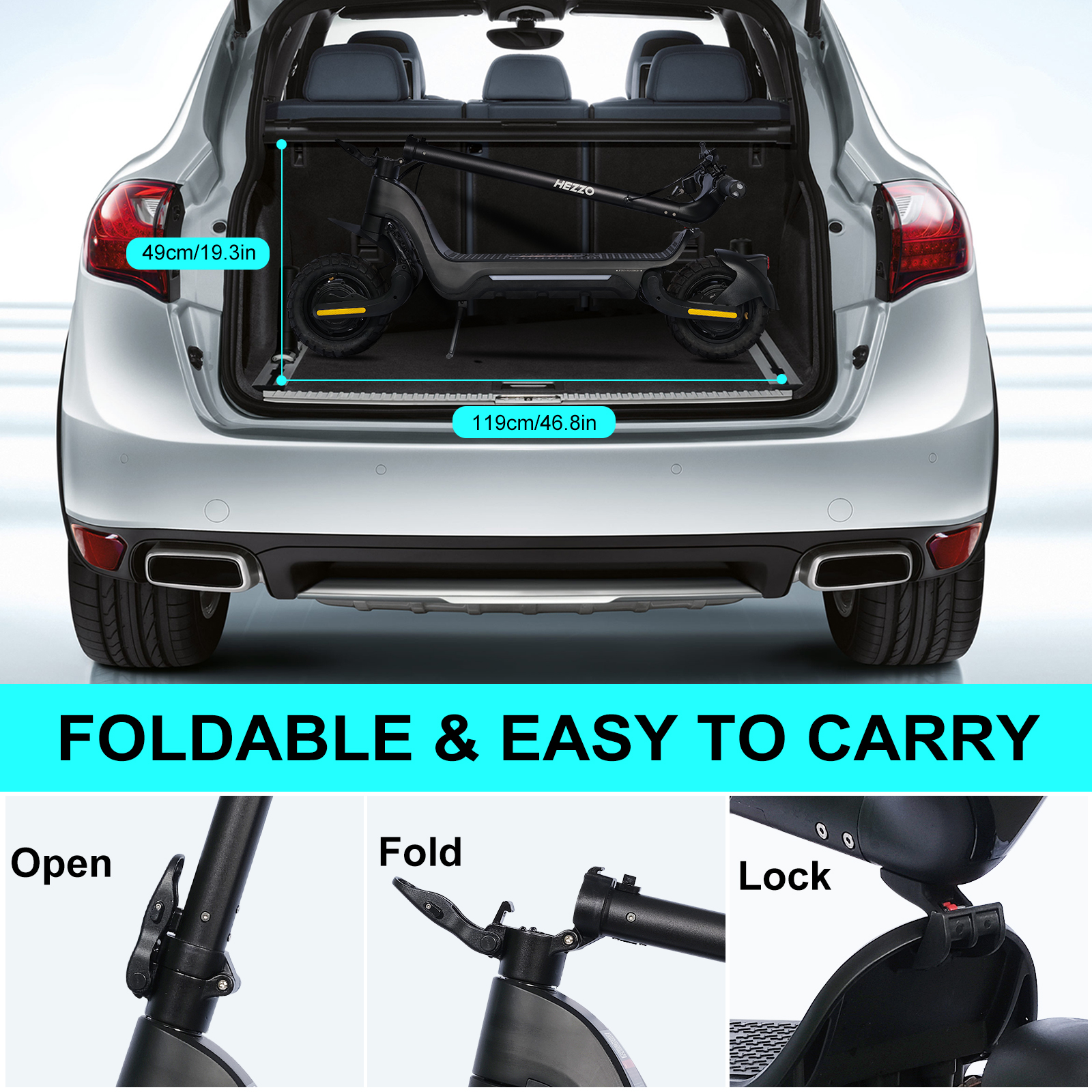 HEZZO F5 48V 1600W Dual Motors Scooter High Power Off-Road Electric Scooter with 10-Inch Off-Road Tires 18AH 30Miles Long Range Foldable Escooter