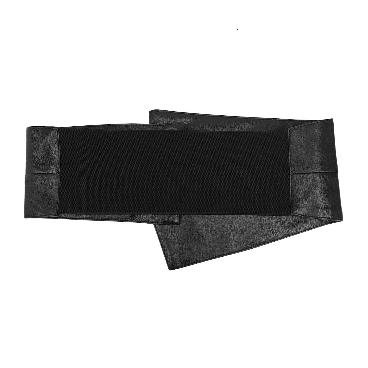 A black wide-belted womens fashion dress decorated with an irregular n of PU leather waistband and elastic corset 251217