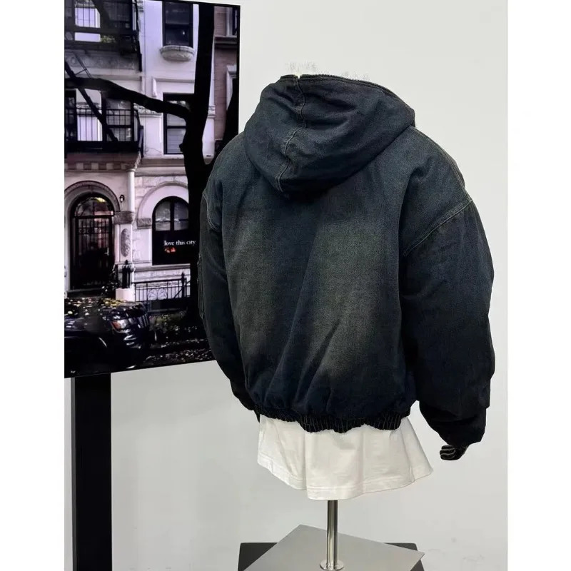 Mens Jacket Harajuku Hooded Denim Cotton Coat Washed Heavy Fleece Thick Fur Collar Vintage Warm Autumn Winter Streetwear Fashion 251218