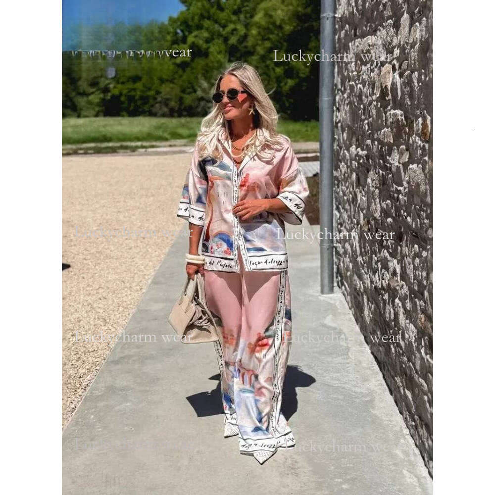 2 Pieces Set For Woman Summer New Elegant Printed Half Sleeves Shirt Tops Suits Fashionable Casual Loose Wide Leg Pants Sets