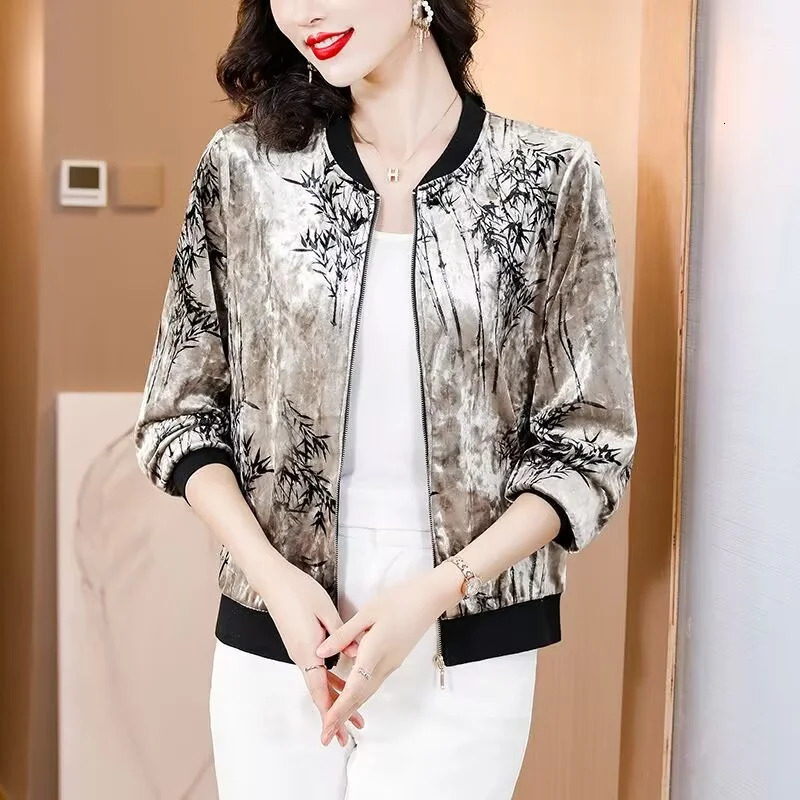 Plush Gold Velvet Baseball Jacket For Women In Spring Autumn And Winter 2025 Vintage Print Beaded Embroidery Loose Short Jacket 251219