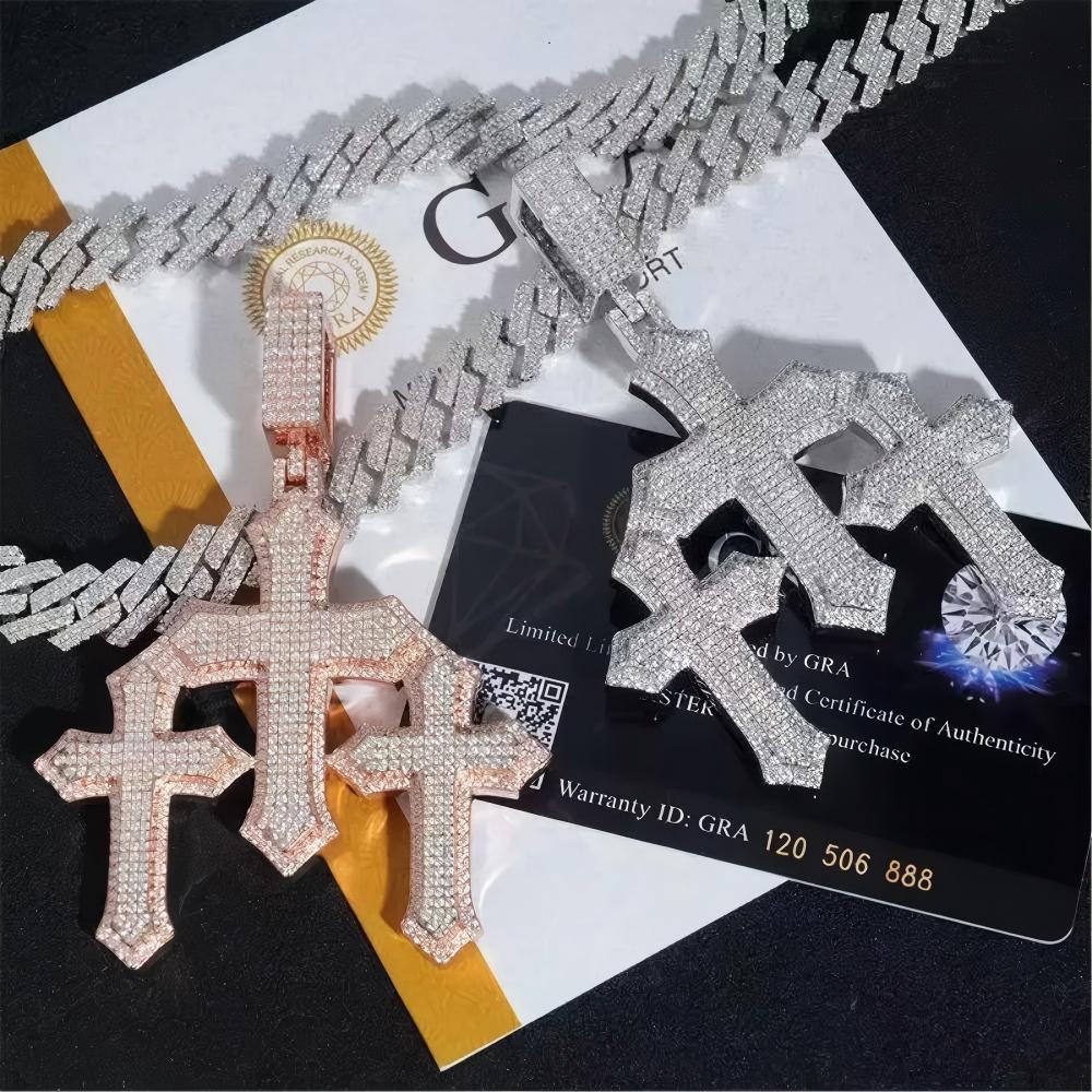 Moissanite Pendant New Trendy Man Jewelry Large Size Three Cross Iced Out 925 Sterling Silver VVS Moissanite Diamond Pendant