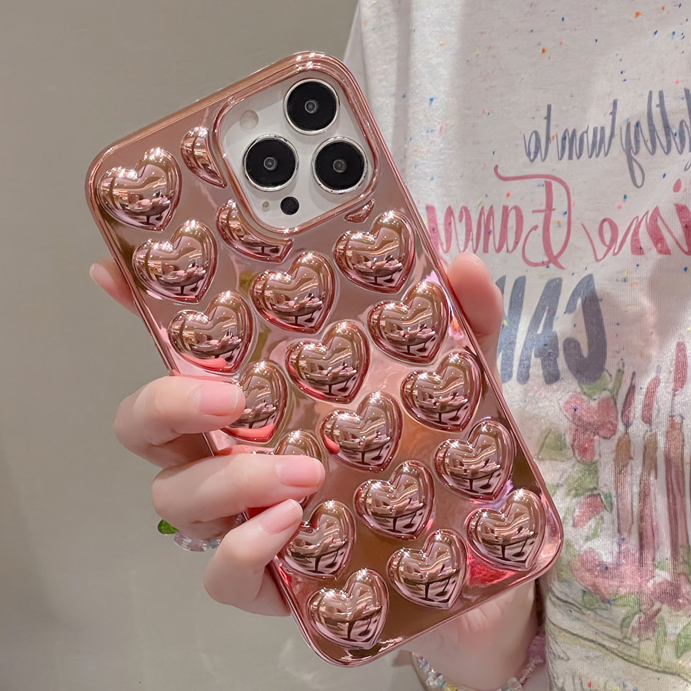 Solid Color 3D Heart Compatible with iPhone Pro Max Apple 16 Phone Case 15/14 Girl 13 Electroplated Soft