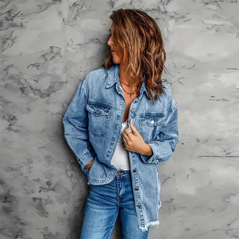 Denim Shirt Coat Women Washed Jackets Pockets Turn Down Collar Single Breasted Outerwear Female Overshirt 2025 Streetwear 251211