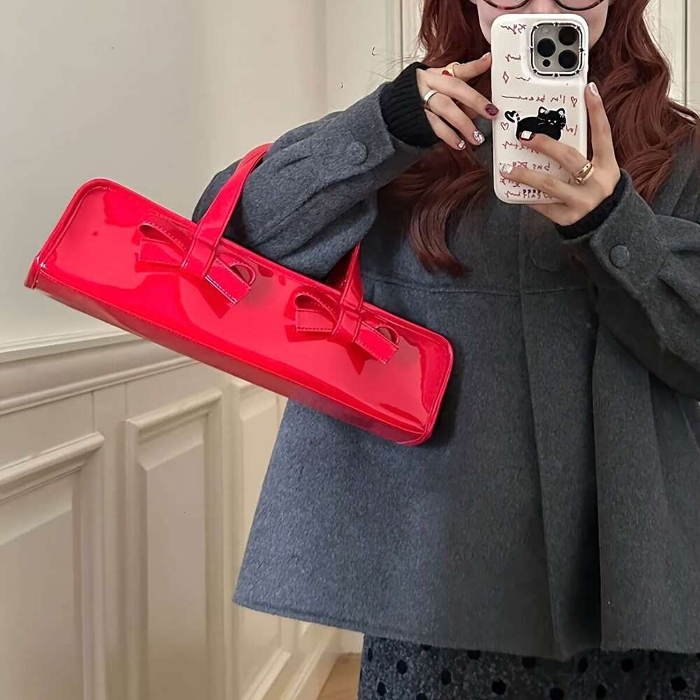 Tote Shoulder Bag Bucket Bags Sweet Edgy Glossy Bow Adorned Handbag Large Capacity Tote Closure Fixed Shoulder Strap Red Black Versatile