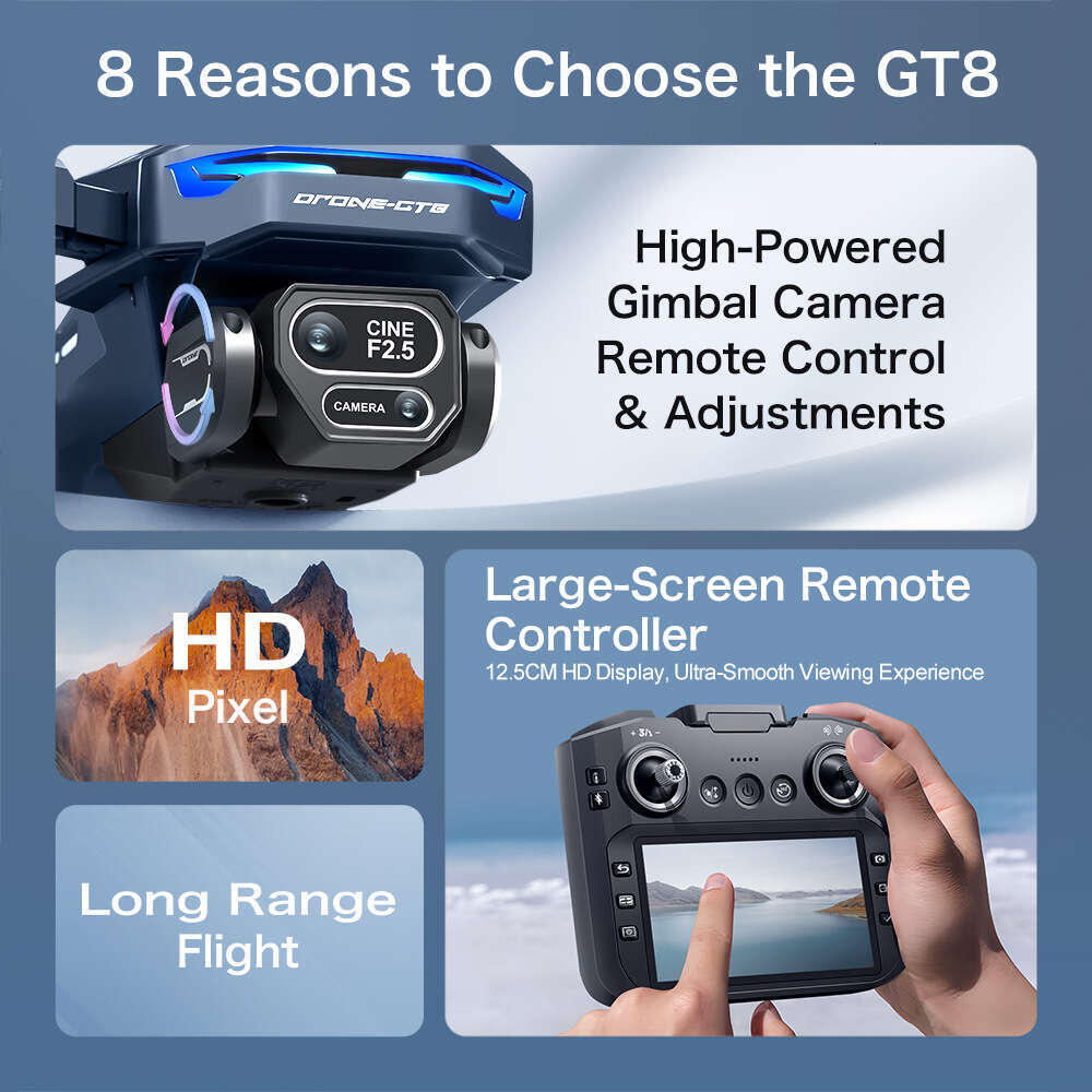 GT8 Drone With Triple Camera HD Aerial Photography Battery Display Long Endurance Brushless 4.3Inch Large Screen Remote Control Aircraft