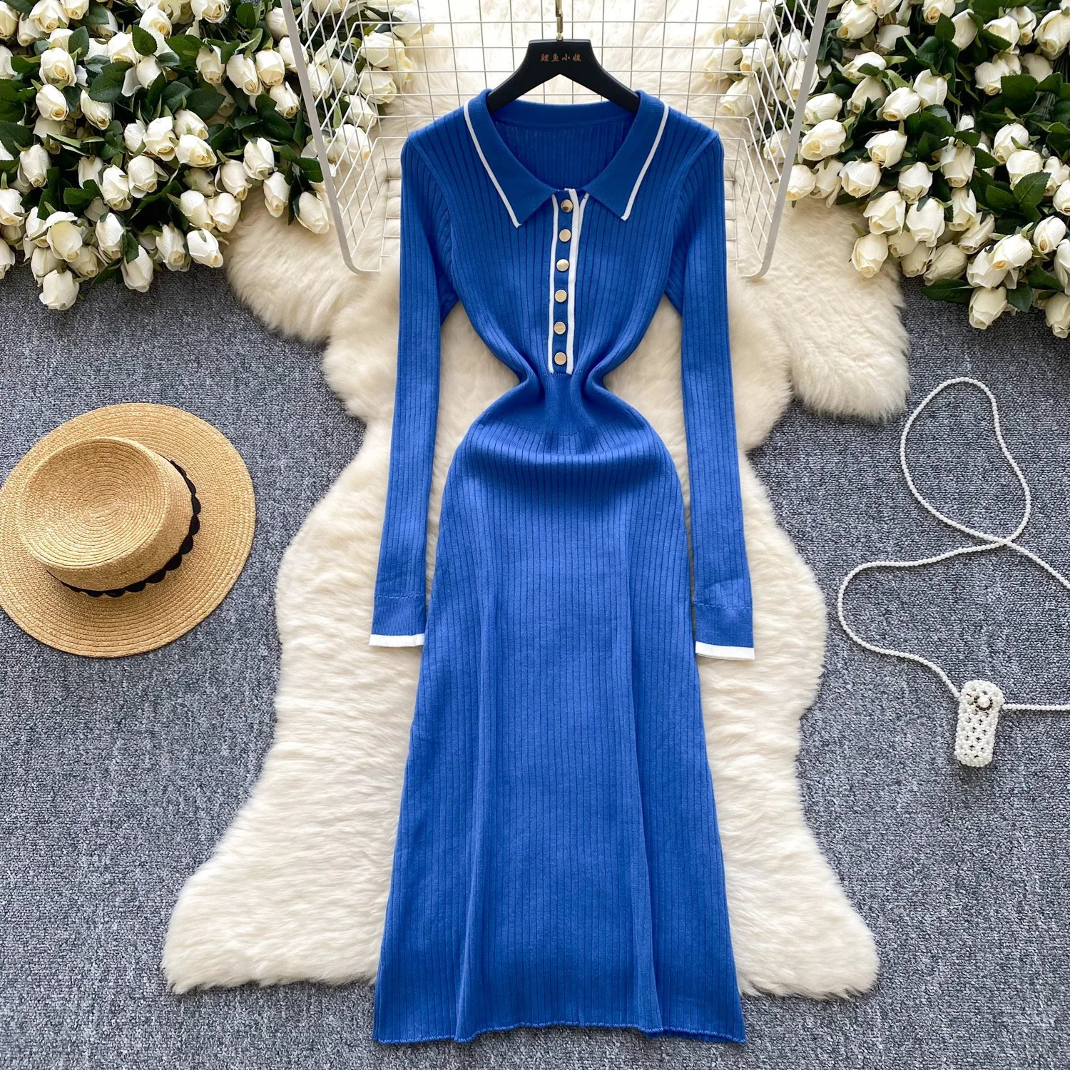 YuooMuoo Autumn Winter Women Knitted Long Dress Vintage Turndown Collar Buttons Ribbed Shirt Sweater Lady Vestidos 251219