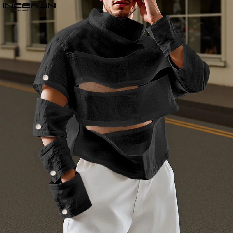 INCERUN Men Irregular T Shirts Solid Color Turtleneck Long Sleeve Hollow Out Men Clothing Streetwear Fashion Sexy Camisetas 251219