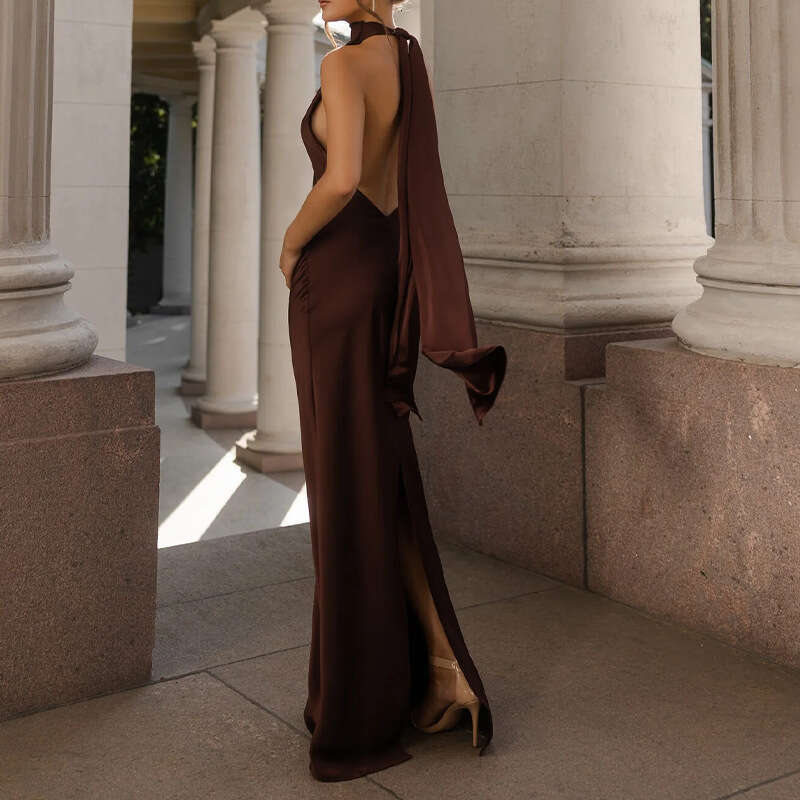 Sexy Halter Ribbon Backless Long Dresses Woman Spring Solid Satin Tight Gowns Evening Dress Summer Sleeveless Hollow Boho Dress Luxury