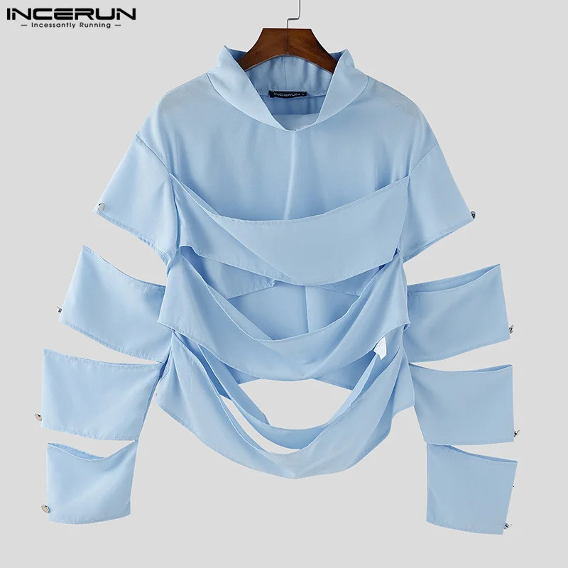 INCERUN Men Irregular T Shirts Solid Color Turtleneck Long Sleeve Hollow Out Men Clothing Streetwear Fashion Sexy Camisetas 251219