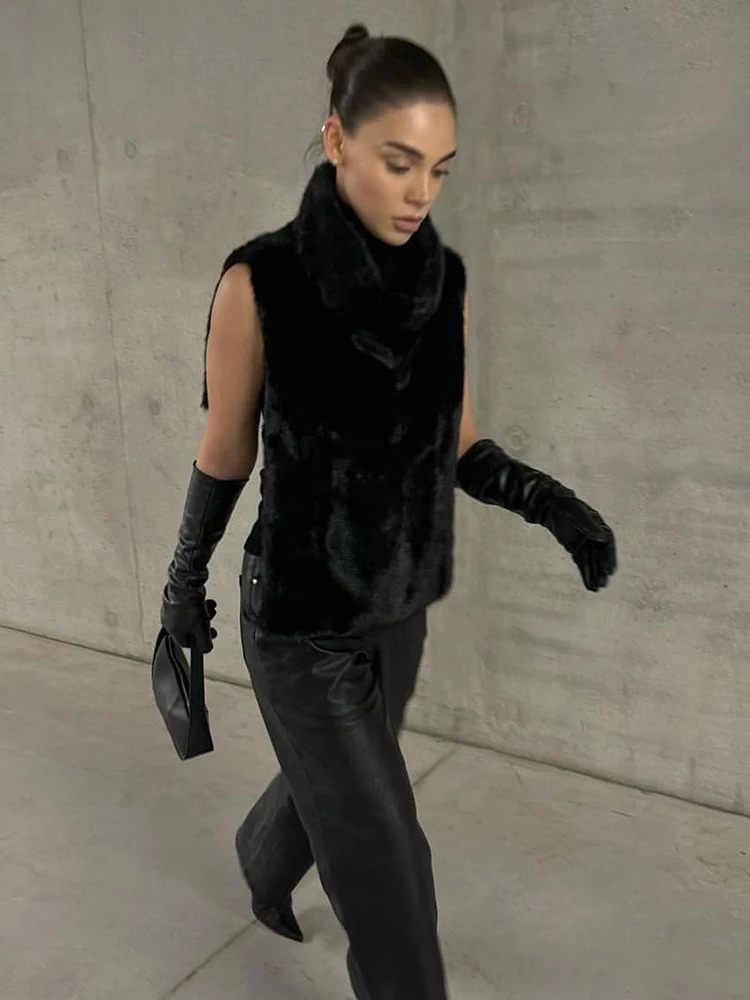Y2K Faux Fur Turtleneck Tank Tops Women High Waist Sleeveless Solid Cropped Top Commute Female Sweaters Vest 251219