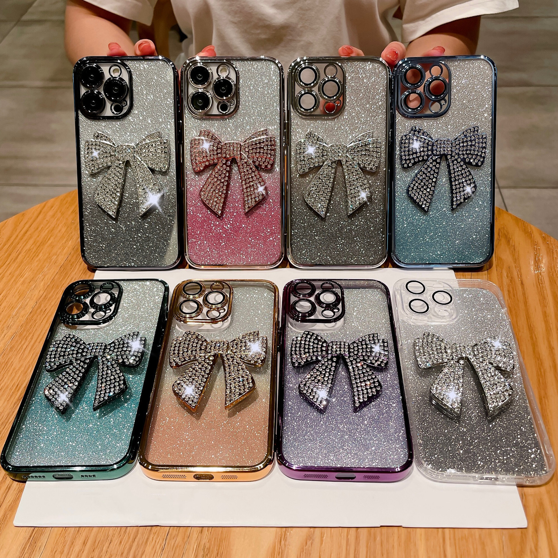 Suitable for iPhone 16 Electroplated TPU Glitter Gradient Rhinestone Bowknot Phone Apple 15 Lens Film Soft Case