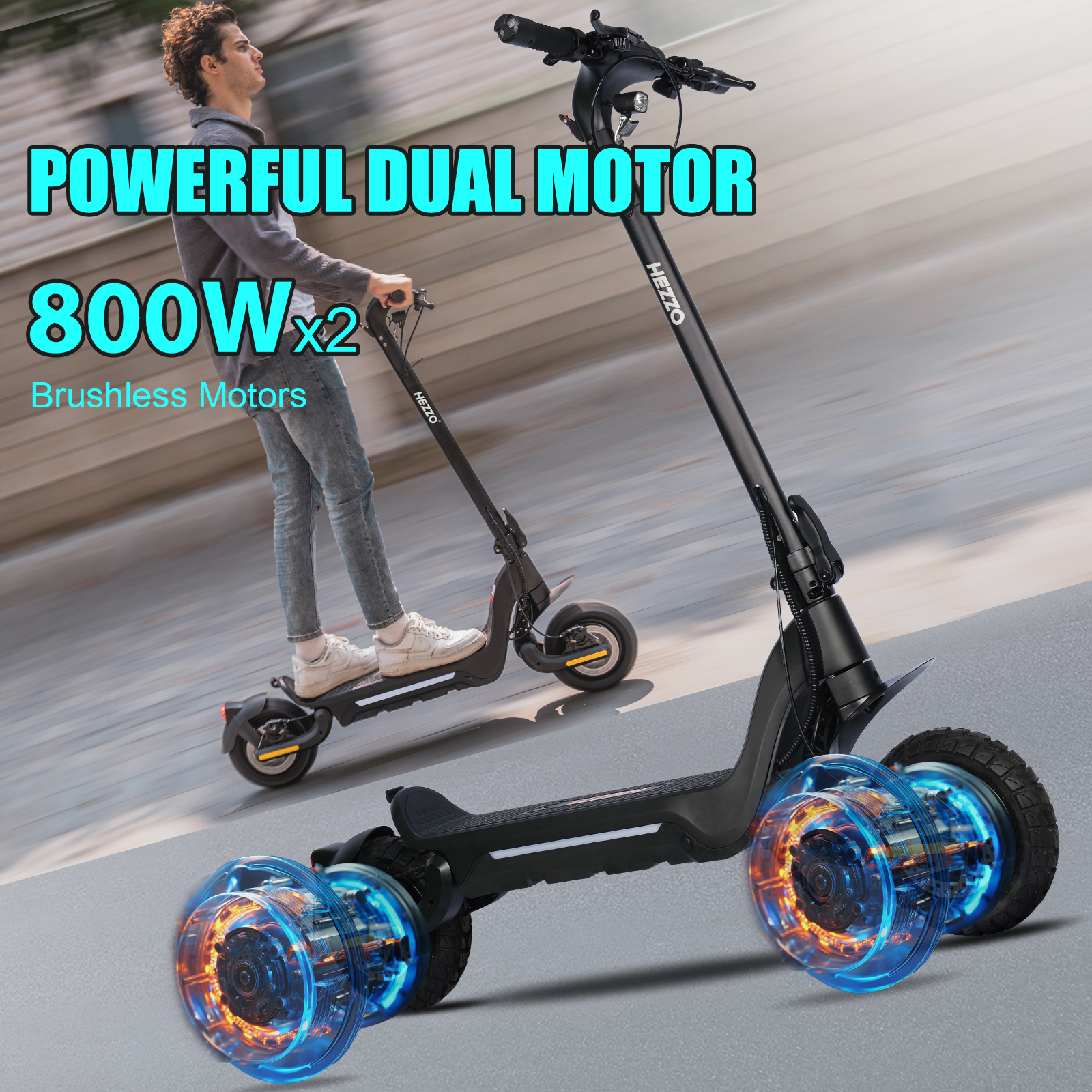 HEZZO F5 48V 1600W Dual Motors Scooter High Power Off-Road Electric Scooter with 10-Inch Off-Road Tires 18AH 30Miles Long Range Foldable Escooter
