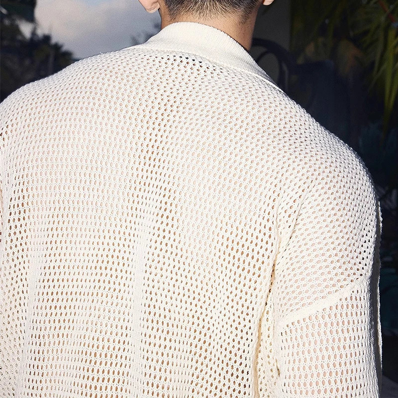 Vacation Seaside Beach Breathable T Shirts Mens Knitting Hollow Out Mesh Pullovers Men Stylish Turn-down Collar Crochet T-shirt 251219