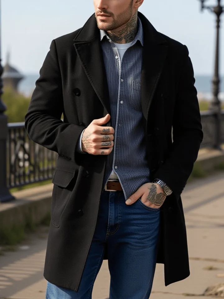 Mens Streetwear Wool Coat DoubleBreasted Retro Thickened Tweed with Warm Stand Collar Manswear 251219