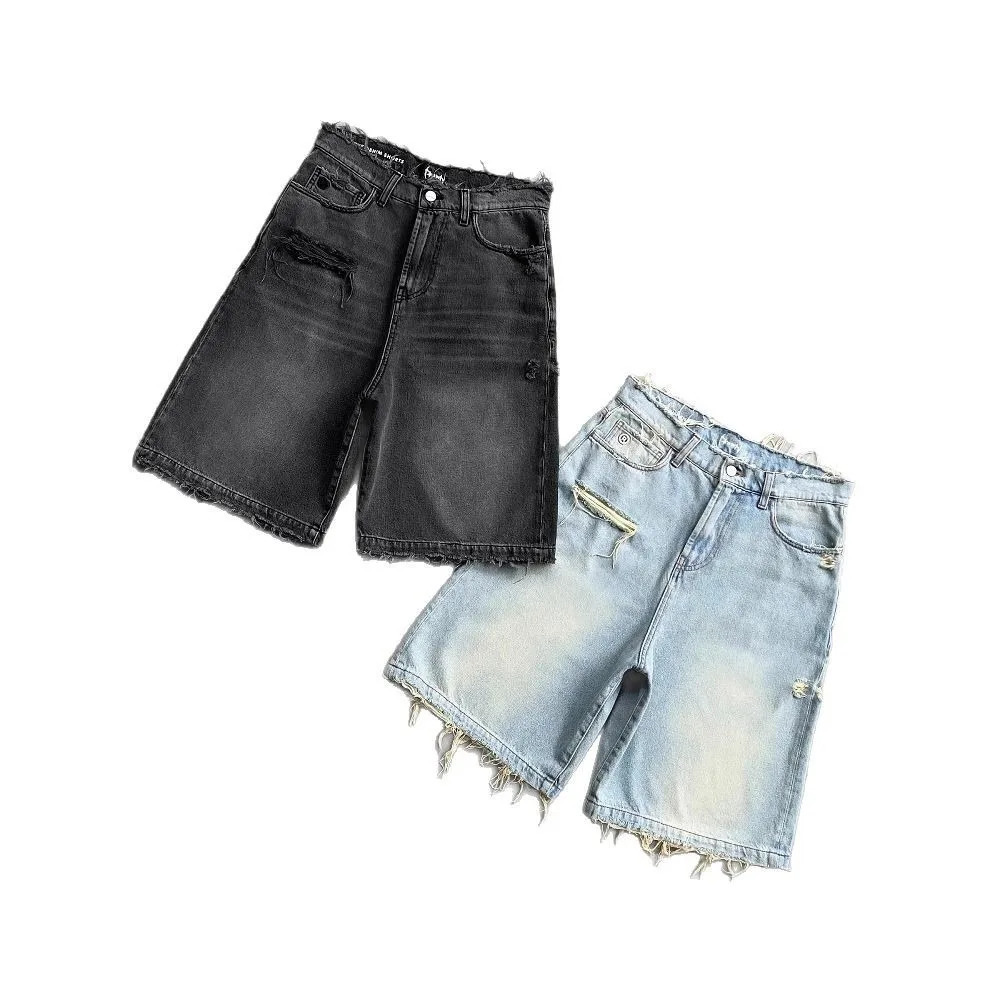High Quality Black Punk Washed Denim Shorts Mens Summer Hip Hop Ripped Hole Raw Edge Jorts Y2k Retro Street Jean Shorts 251219