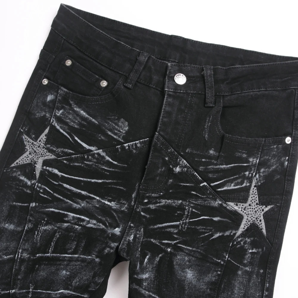 Men Crystal Stars Jeans Fashion Rhinestone Boot Cut Pants Punk Black Spliced Stretch Denim Flared Trousers 251219CJ