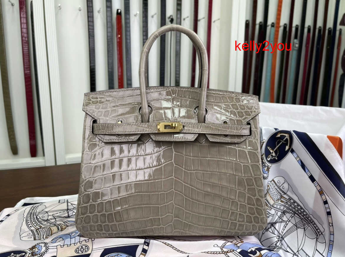 Designer Bag Tote Bags Luxury Handbag He1 mes Birk1n Gray Crocodile Skin Handmade Custom Gold Hardware Hand Sewn Wax Thread Women Hand-held Fashion Bag2366