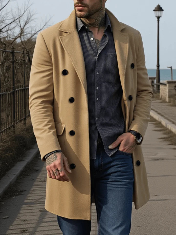 Mens Streetwear Wool Coat DoubleBreasted Retro Thickened Tweed with Warm Stand Collar Manswear 251219