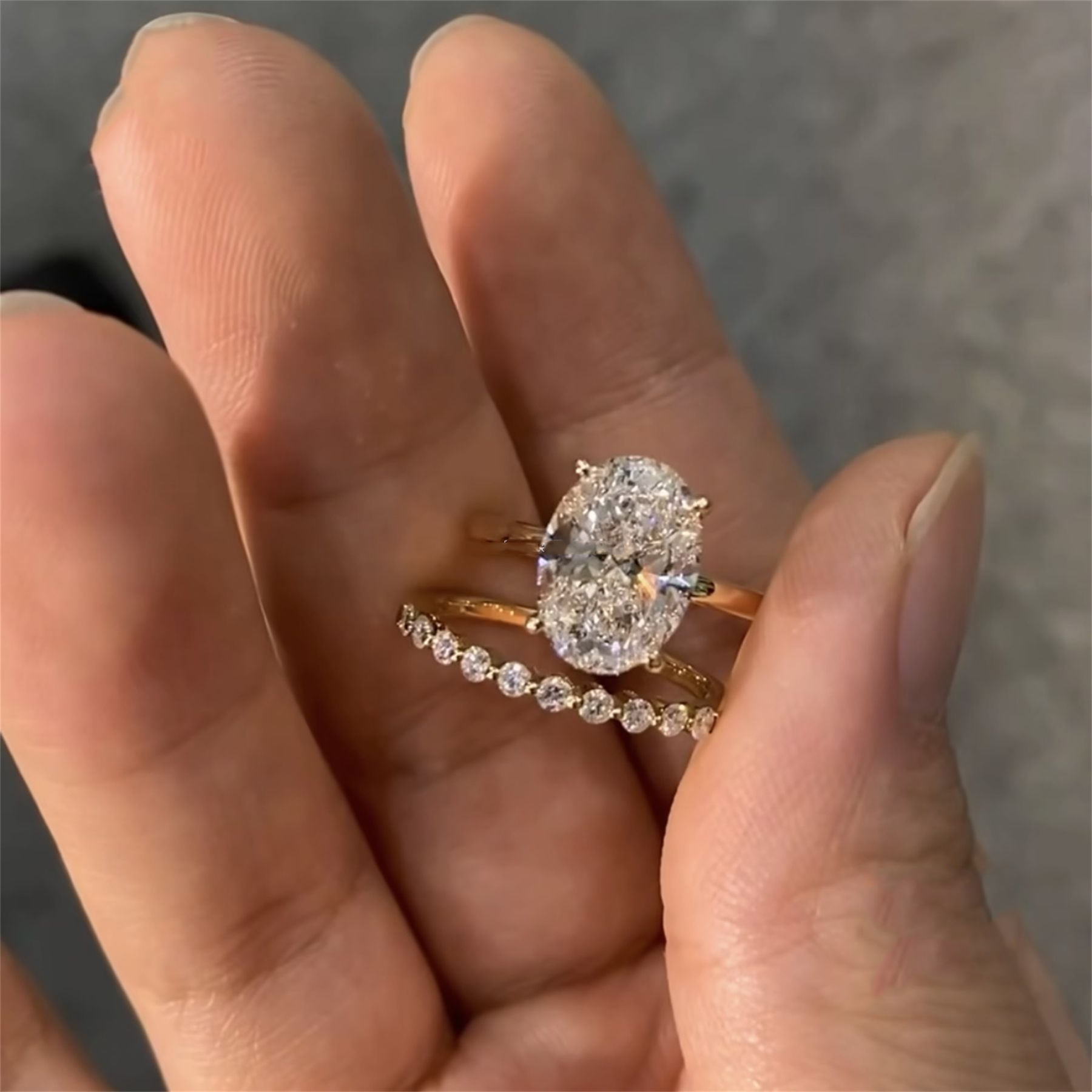 Custom Elegant Style 14k Solid Gold IGI Certificates Bridal Jewelry 3Ct CVD Lab Grown Diamond Oval Engagement Band Ring Set