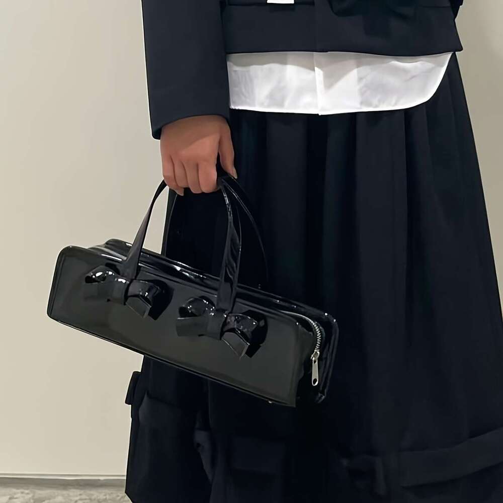 Tote Shoulder Bag Bucket Bags Sweet Edgy Glossy Bow Adorned Handbag Large Capacity Tote Closure Fixed Shoulder Strap Red Black Versatile