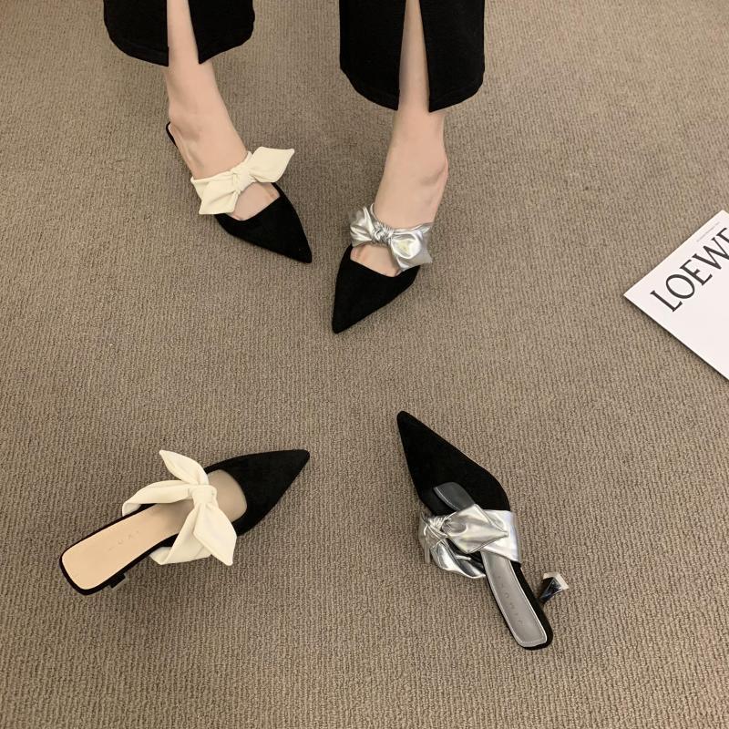new designer shoes free shipping luxury Gentle shallow mouth low heel bow pointed bow cat heel sandals female