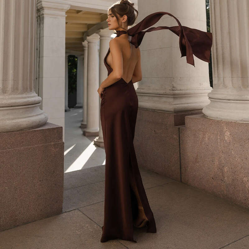 Sexy Halter Ribbon Backless Long Dresses Woman Spring Solid Satin Tight Gowns Evening Dress Summer Sleeveless Hollow Boho Dress Luxury