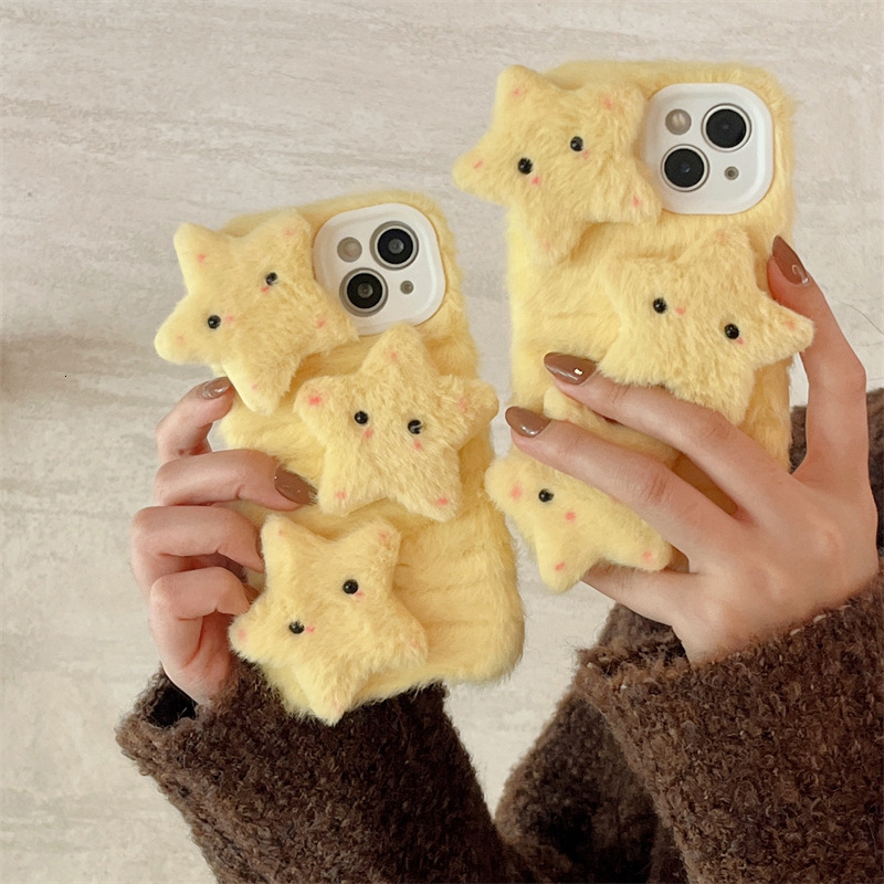 Autumn Winter Plush 3D Yellow Star Case Apple 15 Pro Max Cute 14/13 Shockproof 12 for Women